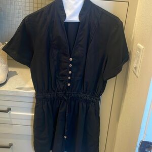 Zara black linen romper with wooden buttons.